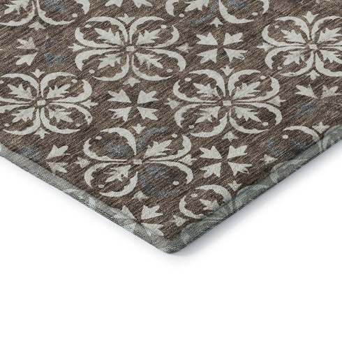 5' X 8' Brown And Ivory Floral Washable Area Rug With UV Protection