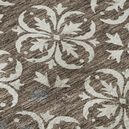 5' X 8' Brown And Ivory Floral Washable Area Rug With UV Protection