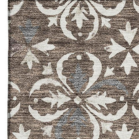5' X 8' Brown And Ivory Floral Washable Area Rug With UV Protection