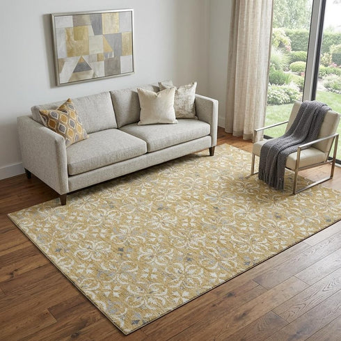 5' X 8' Gold And Gray Floral Washable Area Rug With UV Protection