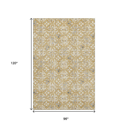 8' X 10' Gold And Gray Floral Washable Area Rug With UV Protection