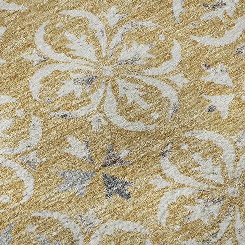 8' X 10' Gold And Gray Floral Washable Area Rug With UV Protection