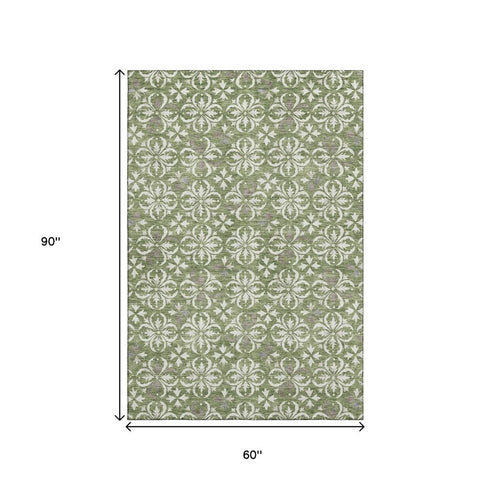 5' X 8' Green And Ivory Floral Washable Area Rug With UV Protection