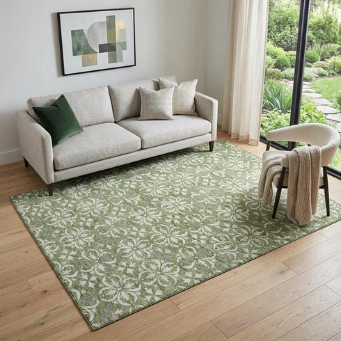 5' X 8' Green And Ivory Floral Washable Area Rug With UV Protection