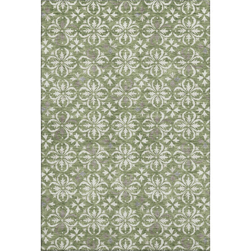 5' X 8' Green And Ivory Floral Washable Area Rug With UV Protection