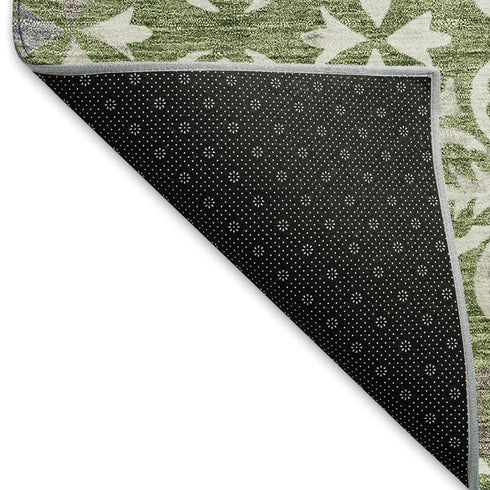 5' X 8' Green And Ivory Floral Washable Area Rug With UV Protection