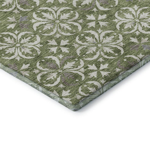 5' X 8' Green And Ivory Floral Washable Area Rug With UV Protection