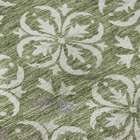 5' X 8' Green And Ivory Floral Washable Area Rug With UV Protection