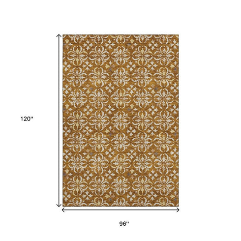 8' X 10' Rust And Beige Floral Washable Area Rug With UV Protection