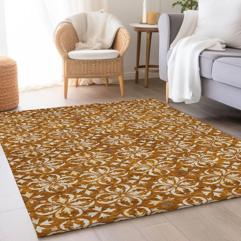 8' X 10' Rust And Beige Floral Washable Area Rug With UV Protection