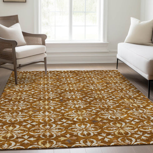 8' X 10' Rust And Beige Floral Washable Area Rug With UV Protection