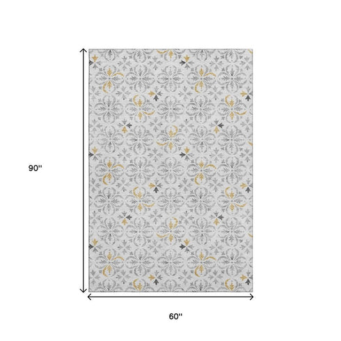 5' X 8' Silver And Gray Floral Washable Area Rug With UV Protection