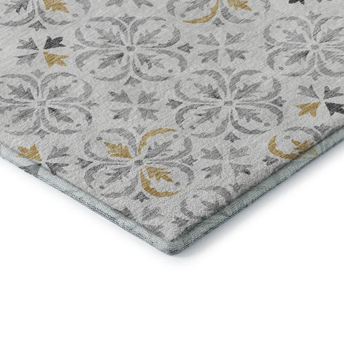 5' X 8' Silver And Gray Floral Washable Area Rug With UV Protection