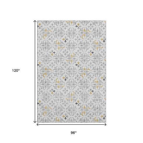 8' X 10' Silver And Gray Floral Washable Area Rug With UV Protection