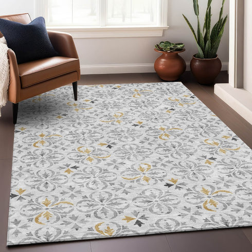 8' X 10' Silver And Gray Floral Washable Area Rug With UV Protection