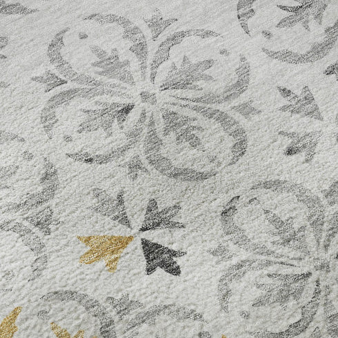 8' X 10' Silver And Gray Floral Washable Area Rug With UV Protection