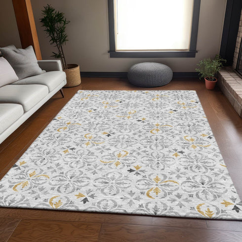 8' X 10' Silver And Gray Floral Washable Area Rug With UV Protection