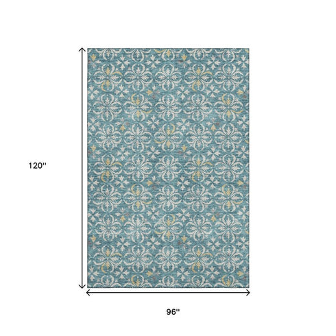 8' X 10' Teal And Ivory Floral Washable Area Rug With UV Protection