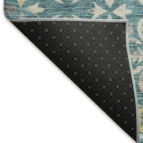 8' X 10' Teal And Ivory Floral Washable Area Rug With UV Protection