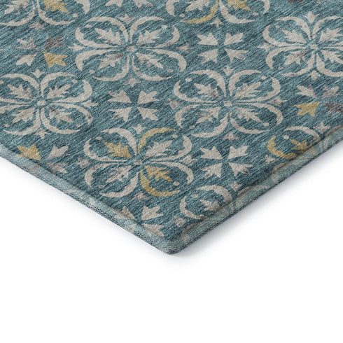 8' X 10' Teal And Ivory Floral Washable Area Rug With UV Protection