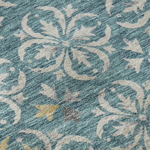 8' X 10' Teal And Ivory Floral Washable Area Rug With UV Protection
