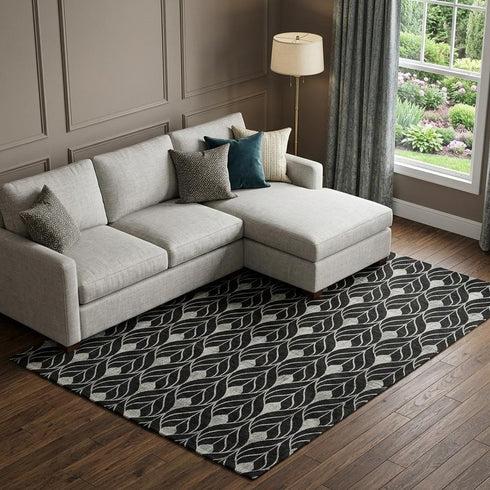 8' X 10' Black And Gray Geometric Washable Area Rug With UV Protection