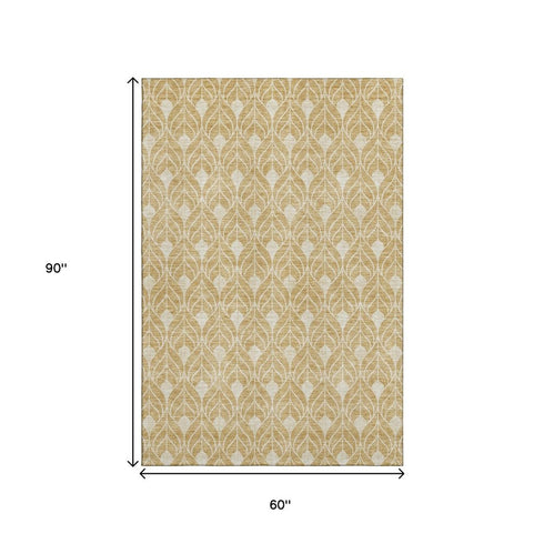 5' X 8' Gold And Beige Geometric Washable Area Rug With UV Protection