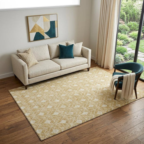 5' X 8' Gold And Beige Geometric Washable Area Rug With UV Protection