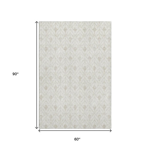 5' X 8' Ivory And Beige Geometric Washable Area Rug With UV Protection
