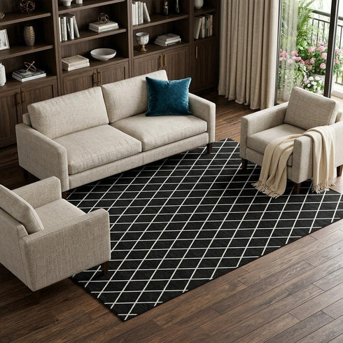 8' X 10' Black And Ivory Geometric Washable Area Rug With UV Protection