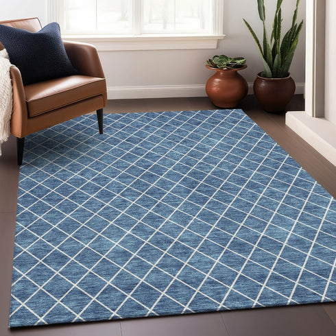 9' X 12' Denim Blue And Ivory Geometric Washable Area Rug With UV Protection