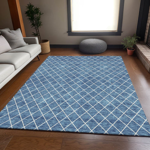 9' X 12' Denim Blue And Ivory Geometric Washable Area Rug With UV Protection
