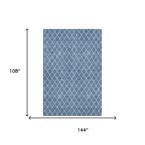 9' X 12' Denim Blue And Ivory Geometric Washable Area Rug With UV Protection