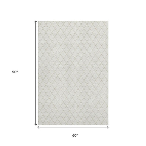 5' X 8' Ivory And Beige Geometric Washable Area Rug With UV Protection