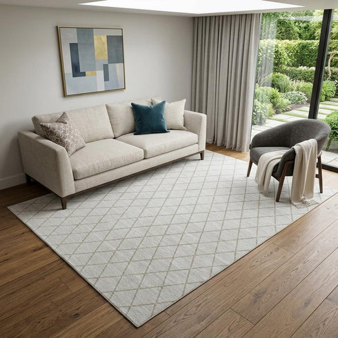 5' X 8' Ivory And Beige Geometric Washable Area Rug With UV Protection