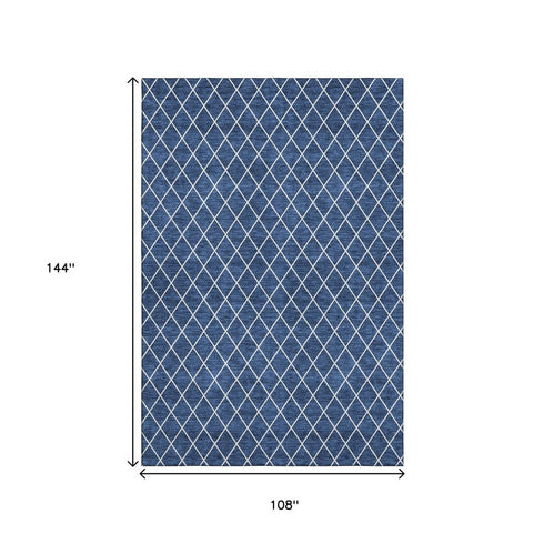 9' X 12' Navy Blue And Ivory Geometric Washable Area Rug With UV Protection