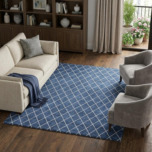 9' X 12' Navy Blue And Ivory Geometric Washable Area Rug With UV Protection