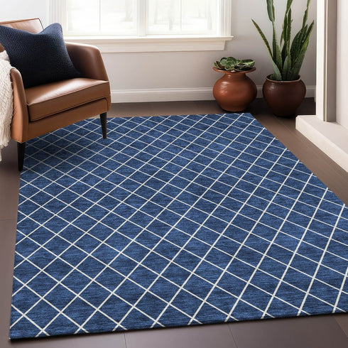 9' X 12' Navy Blue And Ivory Geometric Washable Area Rug With UV Protection