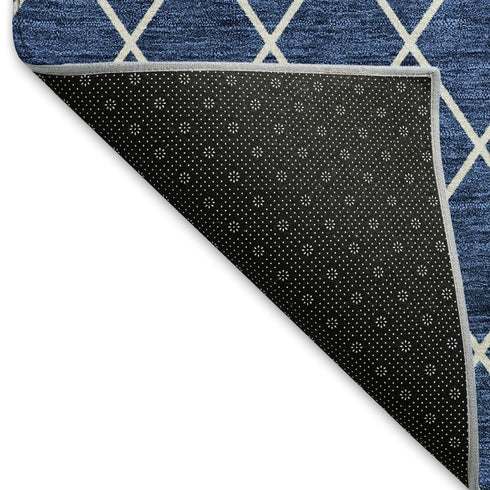 9' X 12' Navy Blue And Ivory Geometric Washable Area Rug With UV Protection