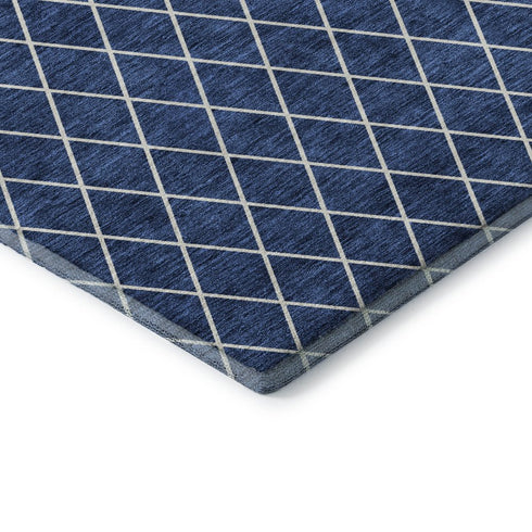 9' X 12' Navy Blue And Ivory Geometric Washable Area Rug With UV Protection