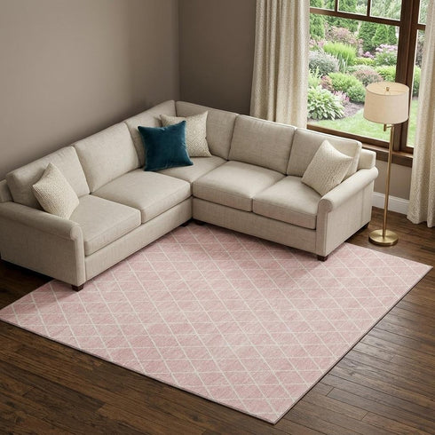 8' X 10' Pink And Ivory Geometric Washable Area Rug With UV Protection