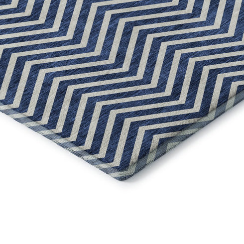 8' X 10' Blue And Ivory Chevron Washable Area Rug With UV Protection