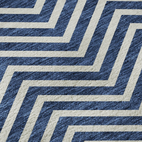 8' X 10' Blue And Ivory Chevron Washable Area Rug With UV Protection
