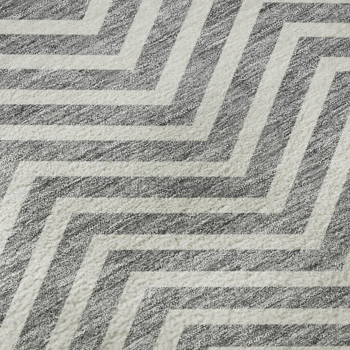 9' X 12' Gray And Ivory Chevron Washable Area Rug With UV Protection
