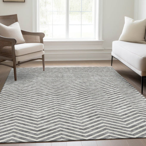 9' X 12' Gray And Ivory Chevron Washable Area Rug With UV Protection