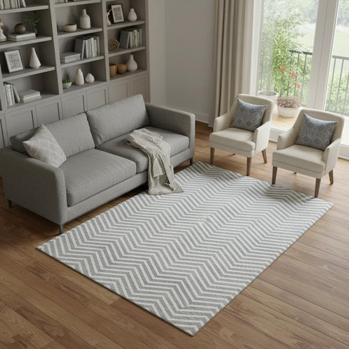 9' X 12' Gray And Ivory Chevron Washable Area Rug With UV Protection