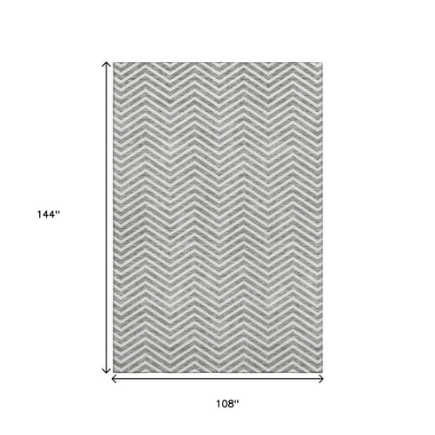 9' X 12' Gray And Ivory Chevron Washable Area Rug With UV Protection