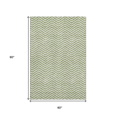 5' X 8' Green And Ivory Chevron Washable Area Rug With UV Protection
