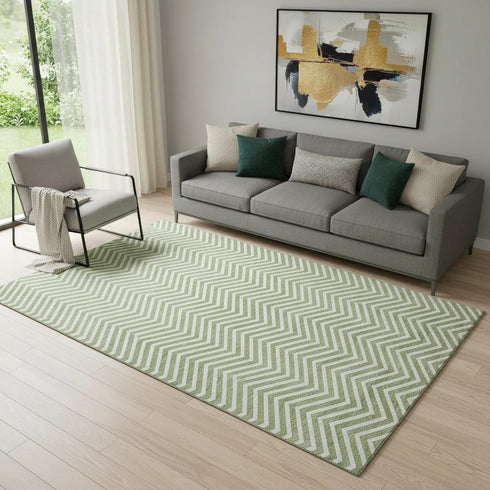 5' X 8' Green And Ivory Chevron Washable Area Rug With UV Protection