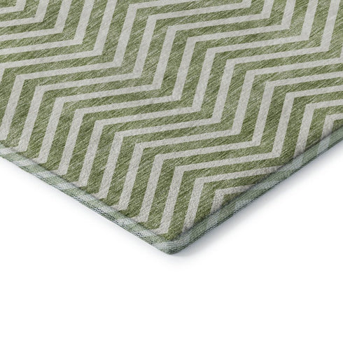 5' X 8' Green And Ivory Chevron Washable Area Rug With UV Protection